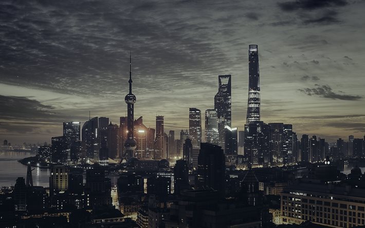 shanghai, china, wolkenkratzer, metropole, nacht