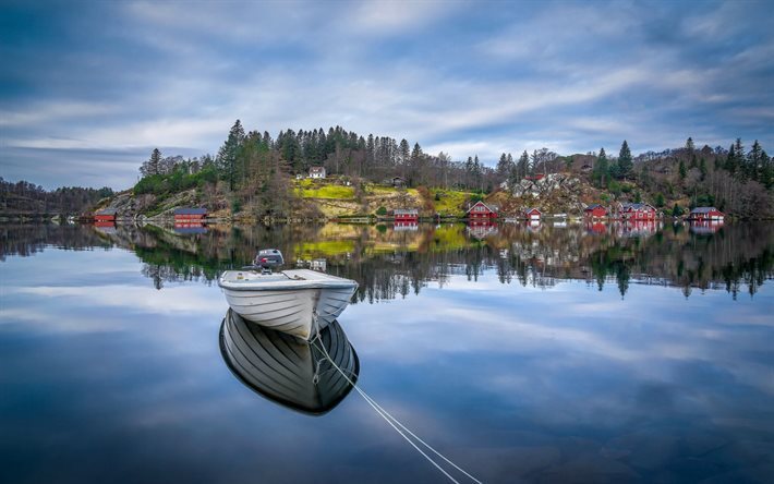 baia, barca di legno, sera, Egersund, Rogaland, Norvegia