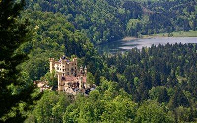 berg, skogen, Slottet Hohenschwangau, Tyskland, Bayern, Schwansee Sj&#246;n