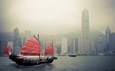 Hong Kong, fartyg, segelb&#229;tar, Kina, metropol, skyskrapor