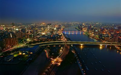 Niigata, Japonya, Japon şehirleri, nehir, gece
