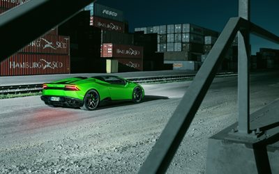 Lamborghini Huracan, green Huracan, tuning Lamborghini, sport car, Spyder, Novitec Torado, sea port, containers