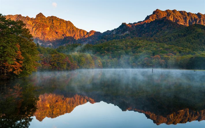morning, mountain, forest, mist, lake, autumn