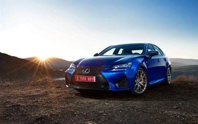 Lexus GS F, 2016, bleu Lexus, la berline sport, montagnes, coucher du soleil
