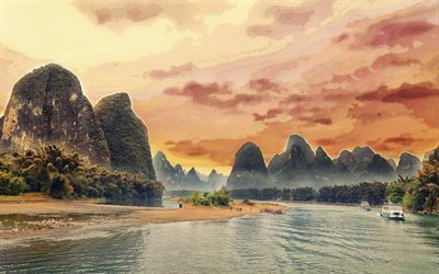 rio, montanha, p&#244;r do sol, Rio Li, China