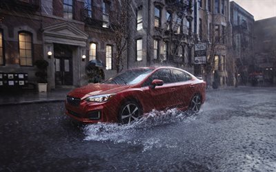 Subaru Impreza, 2017, 4k, sedan, red Impreza, Japanese cars, driving in the rain, downpour, Subaru