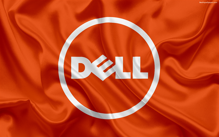 Dell, blu, emblema, logo Dell, arancio seta bandiera