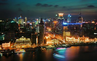 上海, nightscapes, 高層ビル群, アジア, 中国