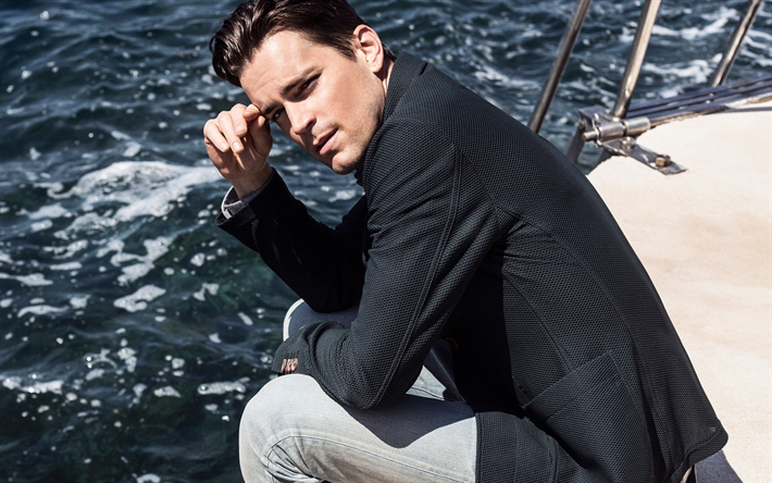 Matt Bomer, American actor, portrait, black male jacket, white trousers, man on a yacht