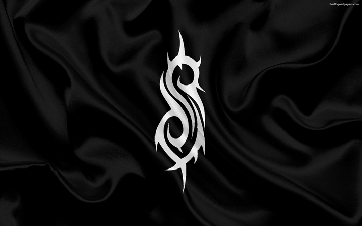 slipknot, logo, schwarzer seide-flag, slipknot-emblem, metall