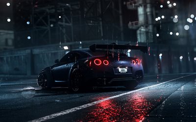 Nissan GT-R, night, stance, black GT-R, R35, rain, tuning, supercars, japanese cars, Nissan
