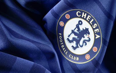 Chelsea FC, 4k, amblemi, İngiliz Futbol Kul&#252;b&#252;, İngiltere Premier Lig, İngiltere, logo, mavi kumaş