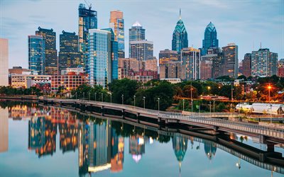Philadelphia, pilvenpiirt&#228;ji&#228;, moderneja rakennuksia, illalla, sunset, Pennsylvania, USA