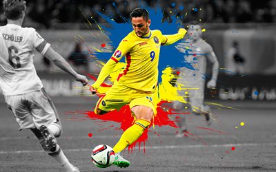 Florin Andone, 4k, Romania national football team, art, splashes of paint, grunge art, Romanian footballer, creative art, Romania, football
