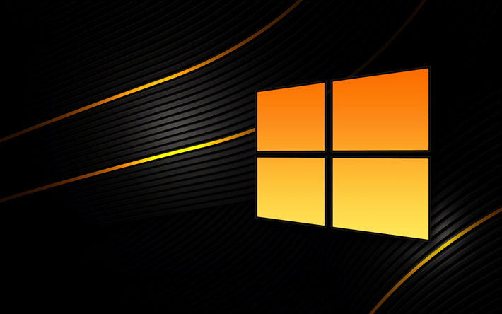 4k, Windows 10, fundo preto, amarelo logotipo, Microsoft, resumo ondas