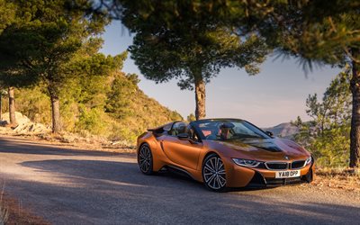 BMW i8 Roadster, routi&#232;re, 2018 voitures, or i8, supercars, voitures allemandes, BMW