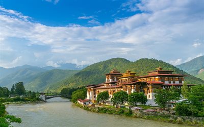Punakha Dzong, fortress, monastery, mountain landscape, Punakha, Bhutan, Asia, Pungtang Dewa chhenbi Phodrang