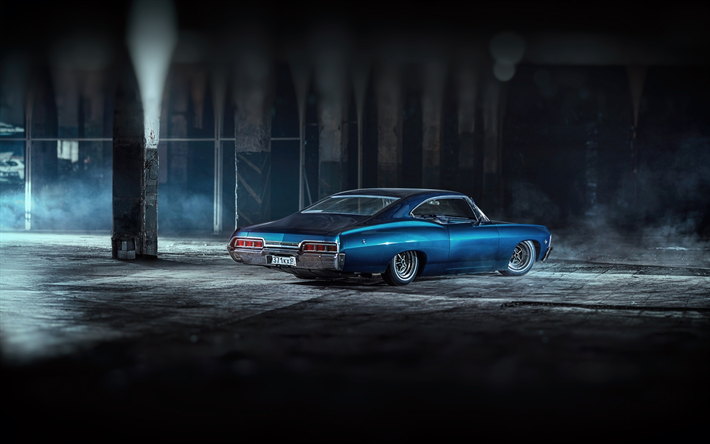 Chevrolet Impala, tuning, parking, retro cars, blue Impala, Chevrolet