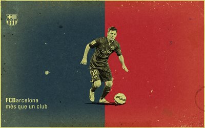 Lionel Messi, retro art, jalkapallo t&#228;hti, Barcelona FC, punainen sininen tausta, retro-tyyli, Liiga, jalkapallo, Espanja, Argentiinalainen jalkapalloilija