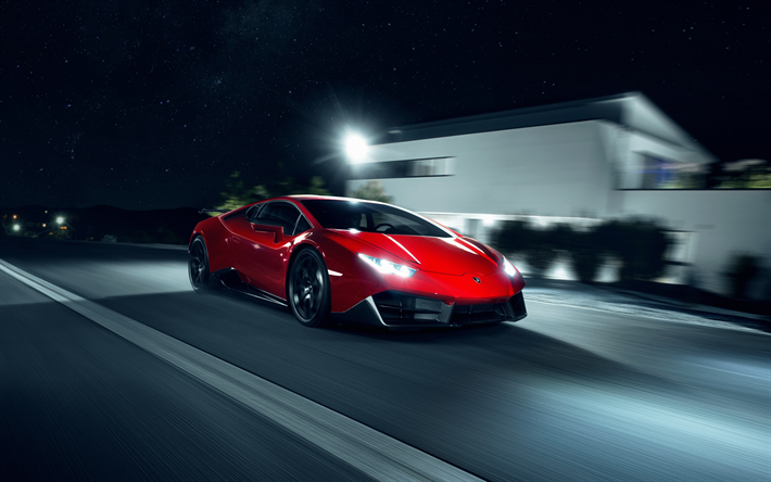 Lamborghini Huracan, 2018, Novitec Torado, rojo superdeportivo, el ajuste, la noche, la carretera, la velocidad, la nueva red de Huracan, los coches deportivos italianos, Lamborghini
