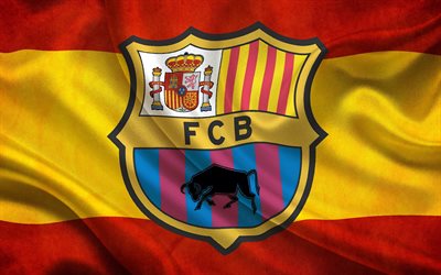Barcelona FC, logo, Barca, soccer, FCB, LaLiga, spanish flag, fabric texture, football club, Spain, La Liga