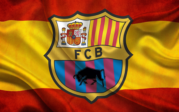 El FC Barcelona, el logotipo, el Barco, el f&#250;tbol, el FCB, LaLiga, con la bandera de espa&#241;a, el tejido, la textura, el club de f&#250;tbol de Espa&#241;a, de La Liga bbva