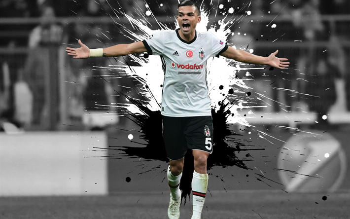 Pepe, 4k, arte, Futebolista portugu&#234;s, defensor, O Besiktas JK, A turquia, Super Liga, partida de futebol, preto, branco, respingos de tinta