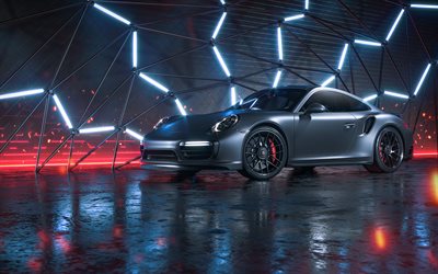 La Porsche 911 Turbo S CGI, 2018, gris coup&#233; sport, tuning, voiture de course, l&#39;allemand de voitures de sport, Porsche