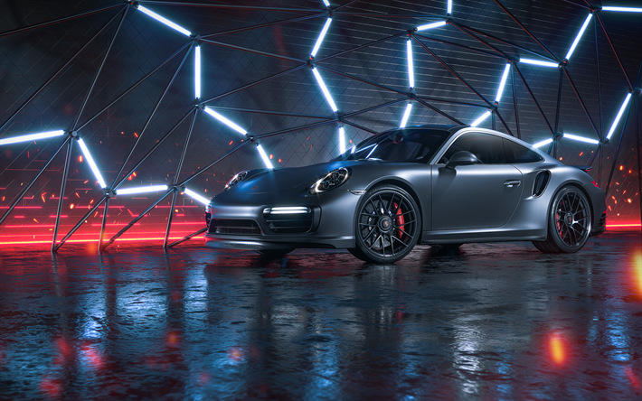 Porsche 911 Turbo S CGI, 2018, gri spor coupe, tuning, araba yarışı, Alman spor otomobil, Porsche