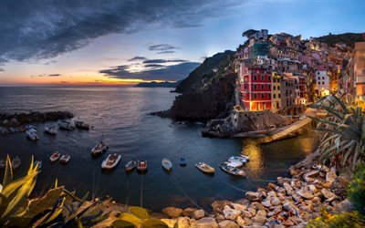 Vernazza, puesta de sol, noche, complejo, Mar Mediterr&#225;neo, costa de Liguria, Cinque Terre, Especias, Italia