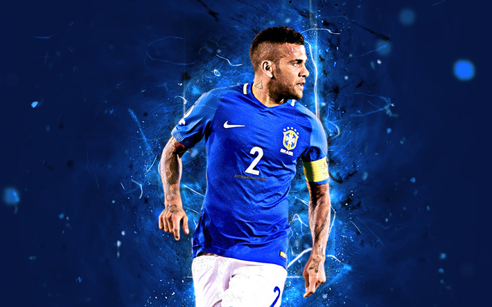 Dani Alves, mavi &#252;niforma, Brezilya Milli Takımı, Alves, futbol, neon ışıkları, Brezilya futbol takımı