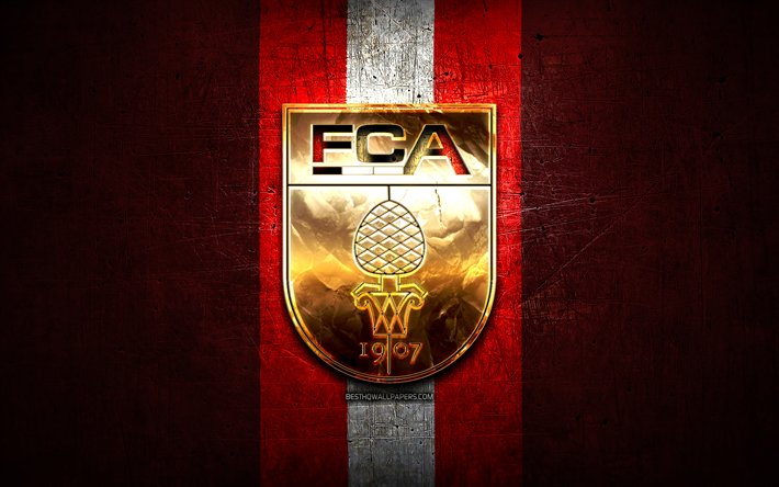 FC Augsburg, golden logo, Bundesliga, red metal background, football, Augsburg, german football club, FC Augsburg logo, soccer, Germany