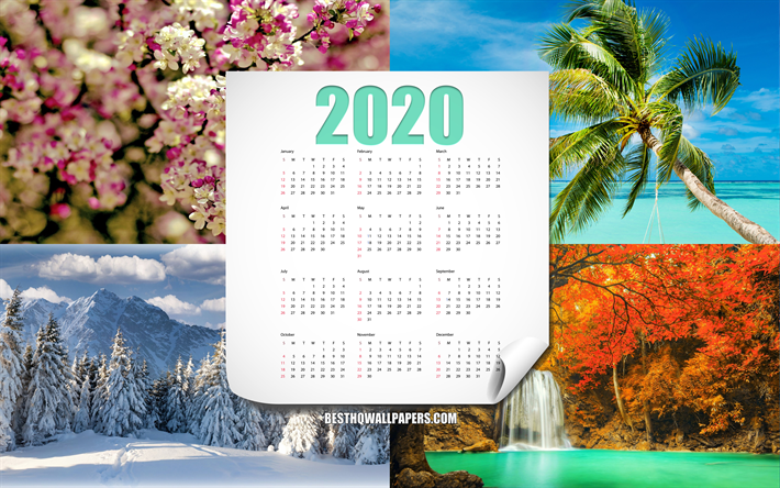2020 Kalender, 4 seasons, h&#246;st, vinter, sommar, v&#229;ren, kalender f&#246;r 2020, alla m&#229;nader, kreativ konst, 2020 begrepp