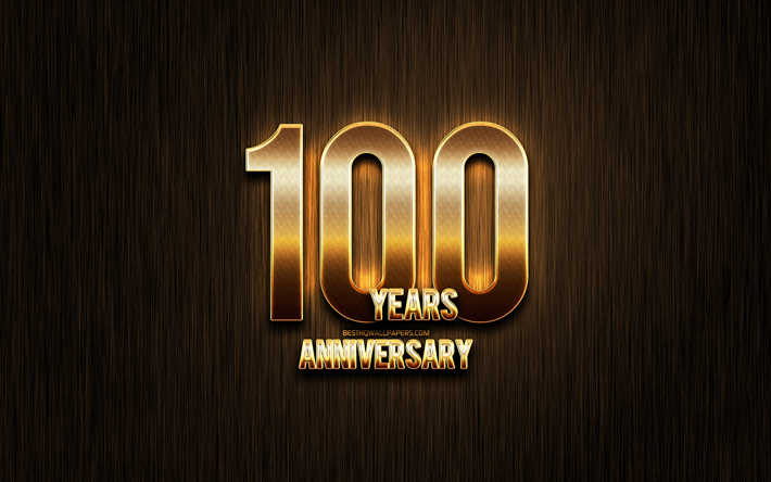 100 Years Anniversary, golden glitter signs, anniversary concepts, linear metal background, 100th anniversary, creative, Golden 100th anniversary sign, One Hundred Years anniversary
