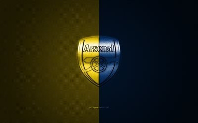 Arsenal FC, English football club, Premier League, yellow blue logo, yellow blue carbon fiber background, football, London, England, Arsenal FC logo