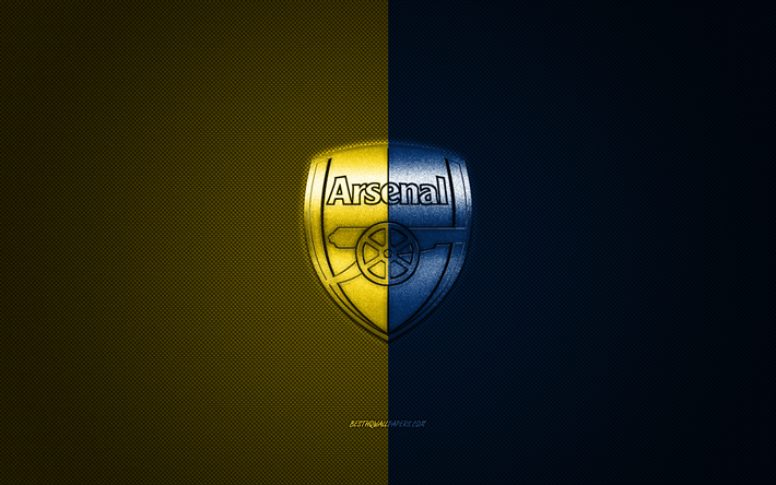 L&#39;Arsenal FC, club di calcio inglese, la Premier League, giallo logo blu, giallo blu contesto in fibra di carbonio, calcio, Londra, Inghilterra, Arsenal FC logo