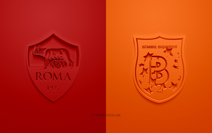 roma vs istanbul basaksehir, europa league, 2019, promo, fu&#223;ball-match, uefa, gruppe j der uefa europa league, as roma, istanbul basaksehir, 3d-kunst, 3d-logo