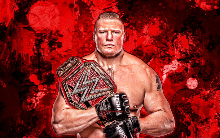 Brock Lesnar, red paint splashes, WWE, american wrestlers, grunge art, Brock Edward Lesnar, wrestlers, wrestling