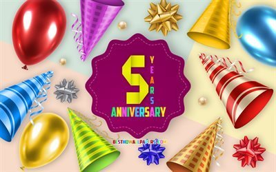 5th Anniversary, Greeting Card, Anniversary Balloon Background, creative art, 5 Years Anniversary, silk bows, 5th Anniversary sign, Anniversary Background