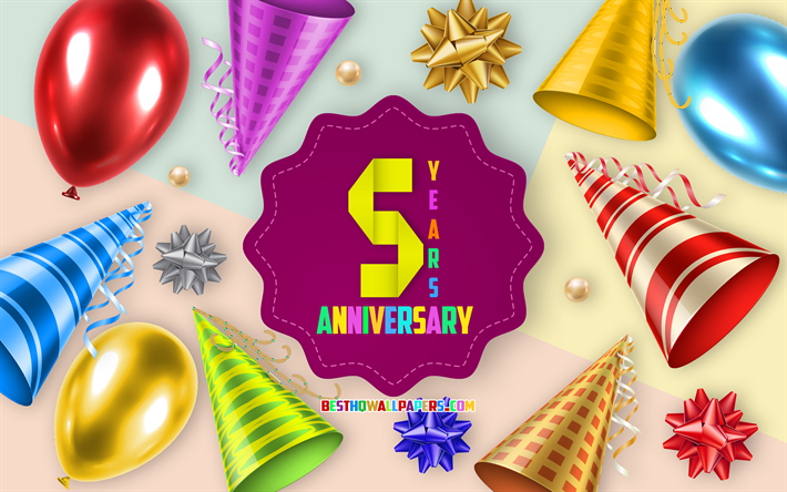 5th Anniversary, Greeting Card, Anniversary Balloon Background, creative art, 5 Years Anniversary, silk bows, 5th Anniversary sign, Anniversary Background