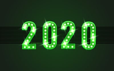 2020 jahr konzepte, gr&#252;n, retro-lampen, gr&#252;n 2020 hintergrund, gl&#252;ckliches neues jahr 2020, kreative kunst, 2020, retro-2020 hintergrund