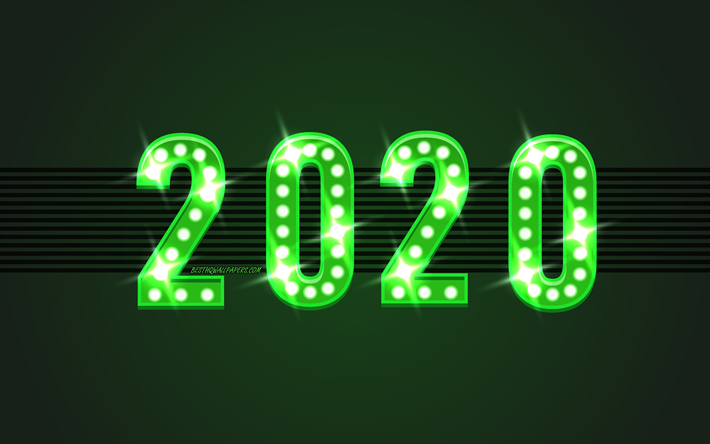 2020 2020 yılına kavramlar, yeşil retro ampuller, Yeşil 2020 arka plan, Mutlu Yeni Yıl, yaratıcı sanat, 2020, 2020 retro arka plan