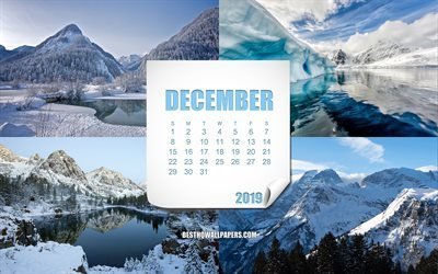 2019 December Calendar, winter landscapes, mountain landscapes, calendar for December 2019, winter, December
