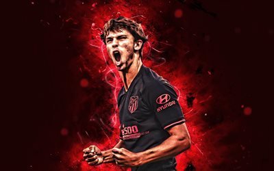 4k, Joao Felix, black uniform, Atletico Madrid FC, 2019, Portuguese footballers, goal, La Liga, midfielder, neon lights, Joao Felix Sequeira, soccer, LaLiga