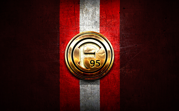 Fortuna Dusseldorf, golden logo, Bundesliga, red metal background, football, Dusseldorfer TuS Fortuna 1895, german football club, Fortuna Dusseldorf logo, soccer, Germany