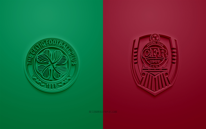 celtic vs cfr cluj, champions league, 2019, die association football match, uefa champions league-gruppe e uefa europa league, celtic fc, cfr cluj, 3d, art, logo
