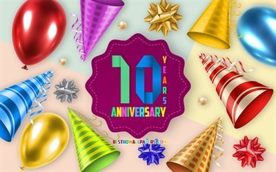 10th Anniversary, Greeting Card, Anniversary Balloon Background, creative art, 10 Years Anniversary, silk bows, 10th Anniversary sign, Anniversary Background