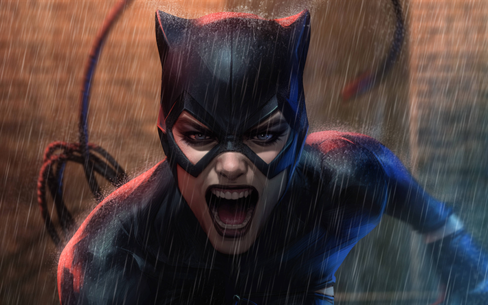 4k, Catwoman, la lluvia, los superh&#233;roes, el 3D, el arte, la creatividad, la oscuridad, la Catwoman de 4K