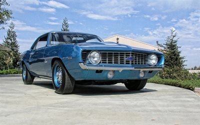 1969, Chevrolet Camaro ZL1, exterior, azul coupé, retro carros, azul Camaro ZL1 1969, american classic automóveis, Chevrolet