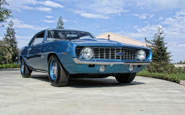 1969, Chevrolet Camaro ZL1, exterior, azul coup&#233;, retro carros, azul Camaro ZL1 1969, american classic autom&#243;veis, Chevrolet
